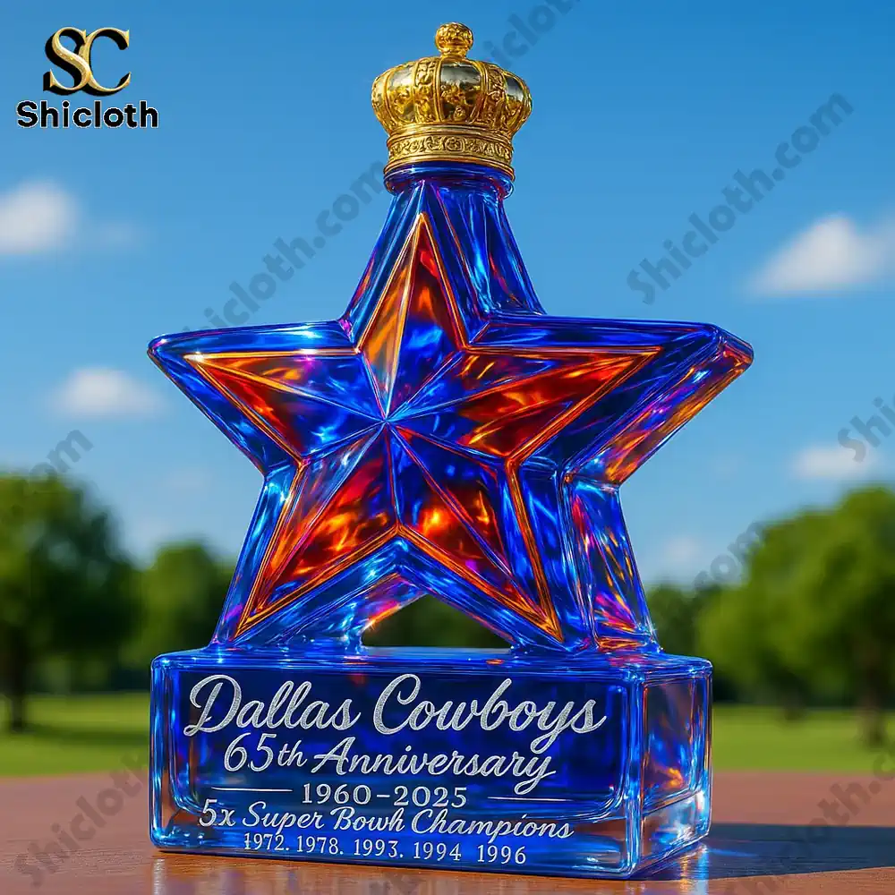 Demogorgon Sculpted Whiskey Glass 202 Dallas Cowboys anniversary star glass bottle with crown cap.