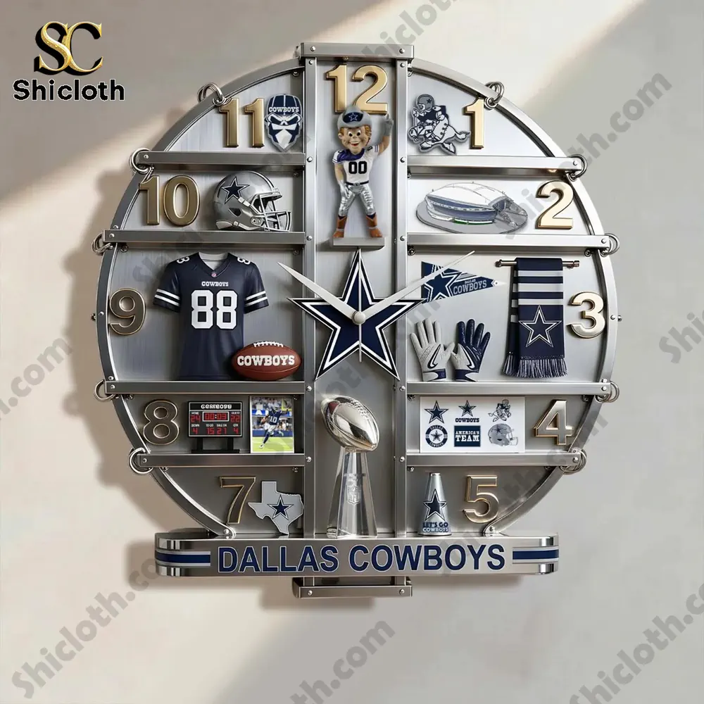 Dallas Cowboys themed wall clock with team memorabilia displayed in sections.