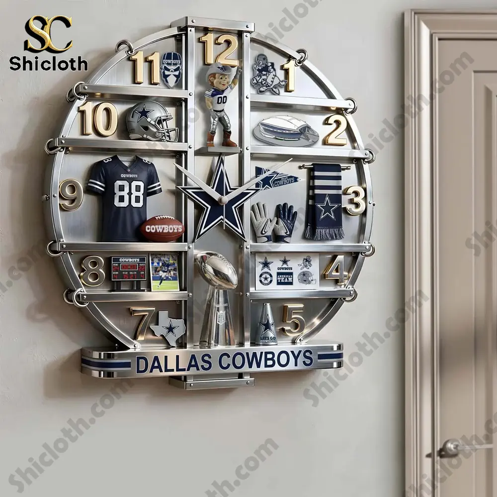Dallas Cowboys wall clock mounted near a doorway showcasing team items.