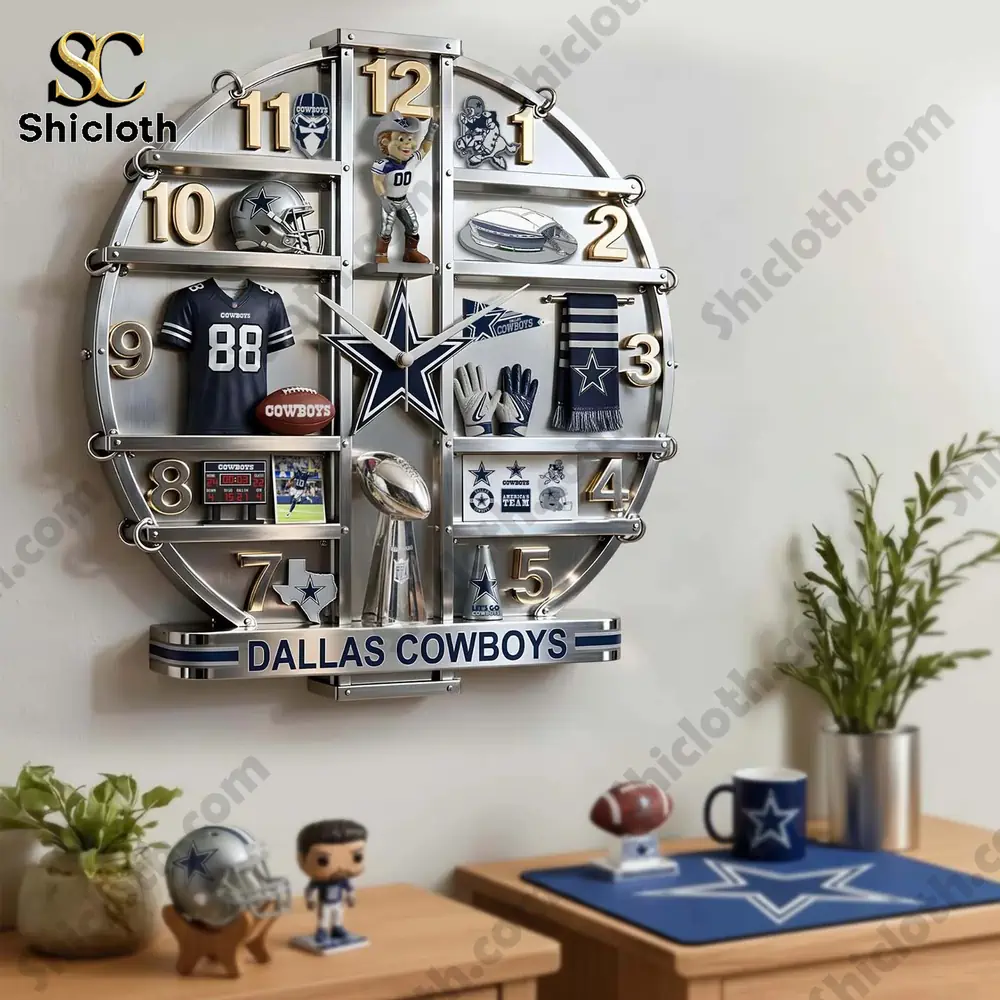 Dallas Cowboys Home Decorative Wall Clock 4 Dallas Cowboys wall clock paired with matching team decor items on a table.