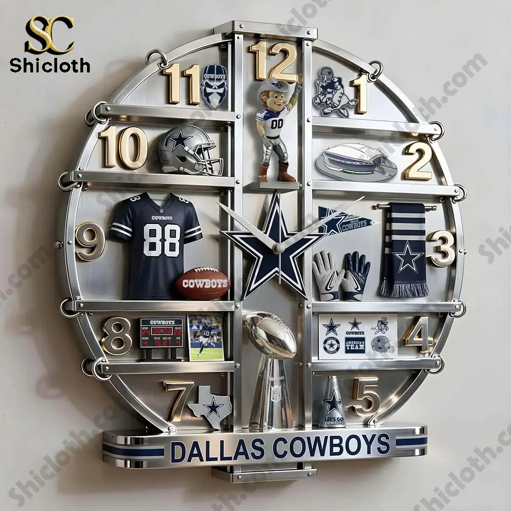 Dallas Cowboys Home Decorative Wall Clock 5 Close view of Dallas Cowboys wall clock highlighting detailed team memorabilia.
