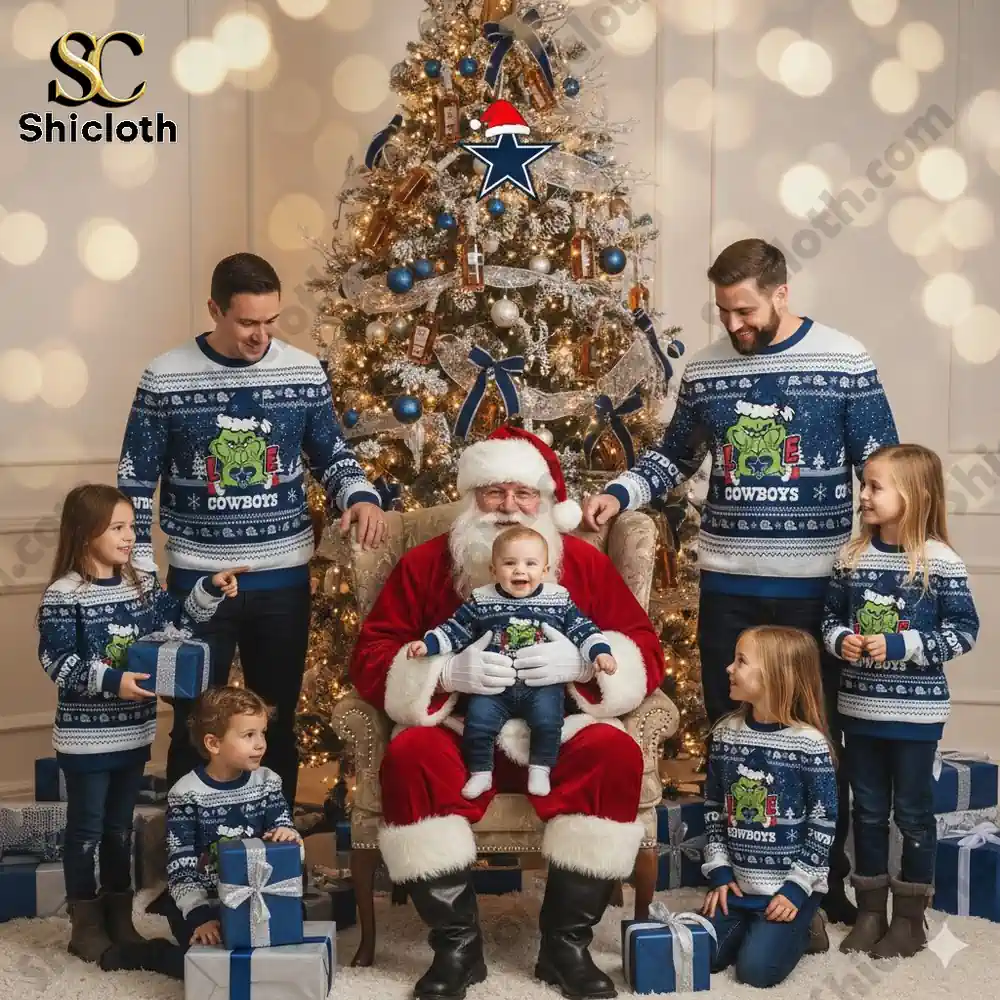 Dallas Cowboys The Grinch wearing a Santa Claus hat Ugly Christmas Sweaters