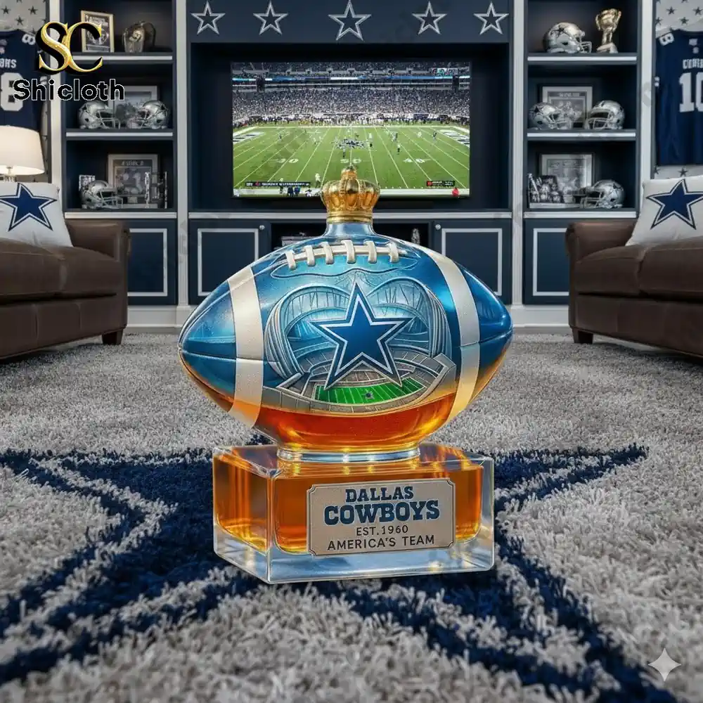 A decorative Dallas Cowboys football sculpture displayed in a themed living room.