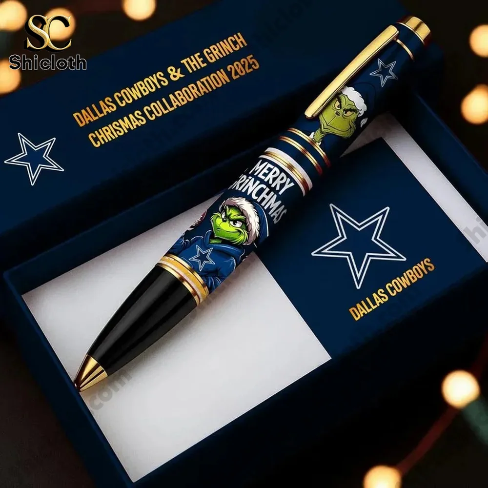 A decorative pen featuring a Dallas Cowboys theme and the Grinch inside a presentation box.