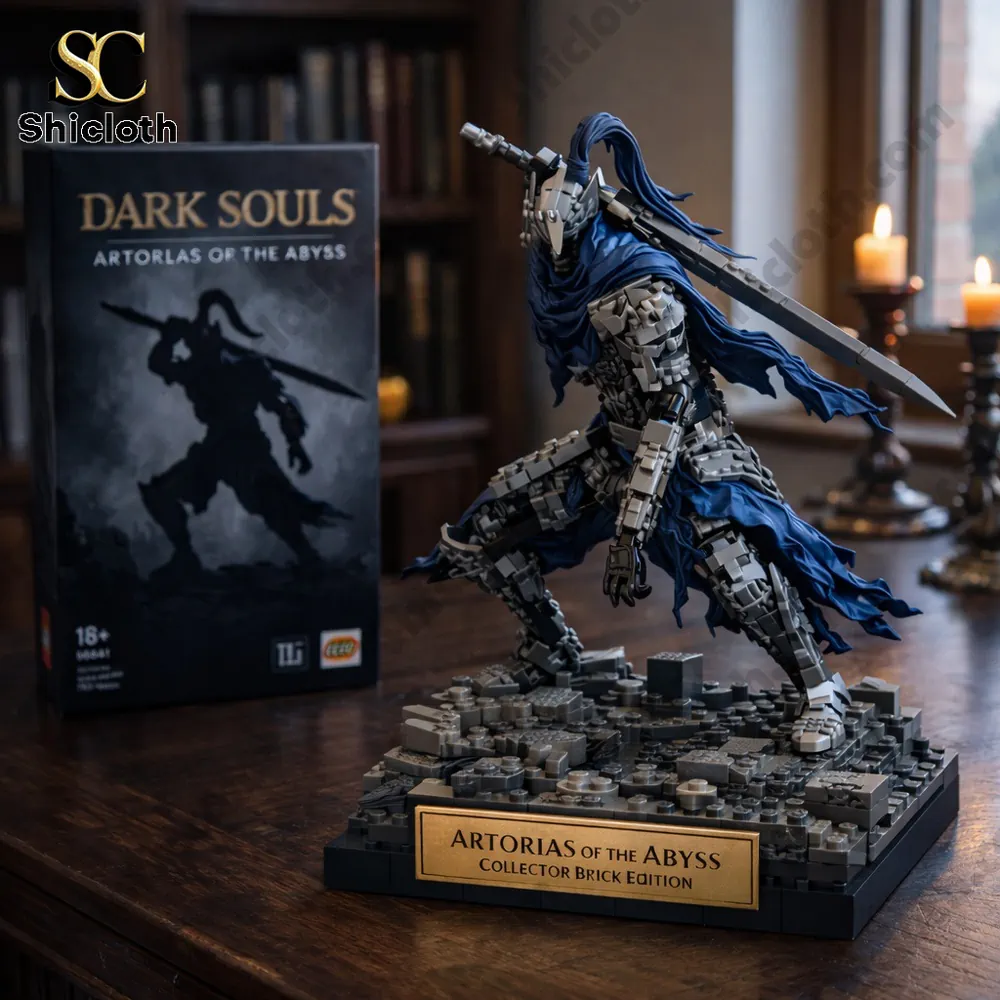 Brick style figure of armored knight with sword and product box on a table!