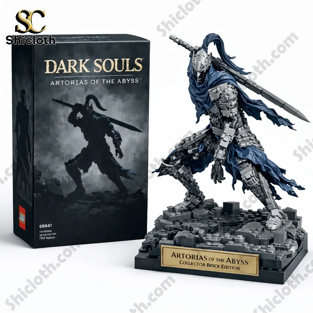 Brick style figure of armored knight with sword beside product box on white background!