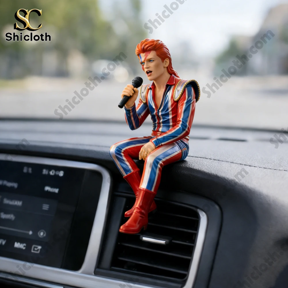 David Bowie inspired rock singer figurine holding microphone on car dashboard!