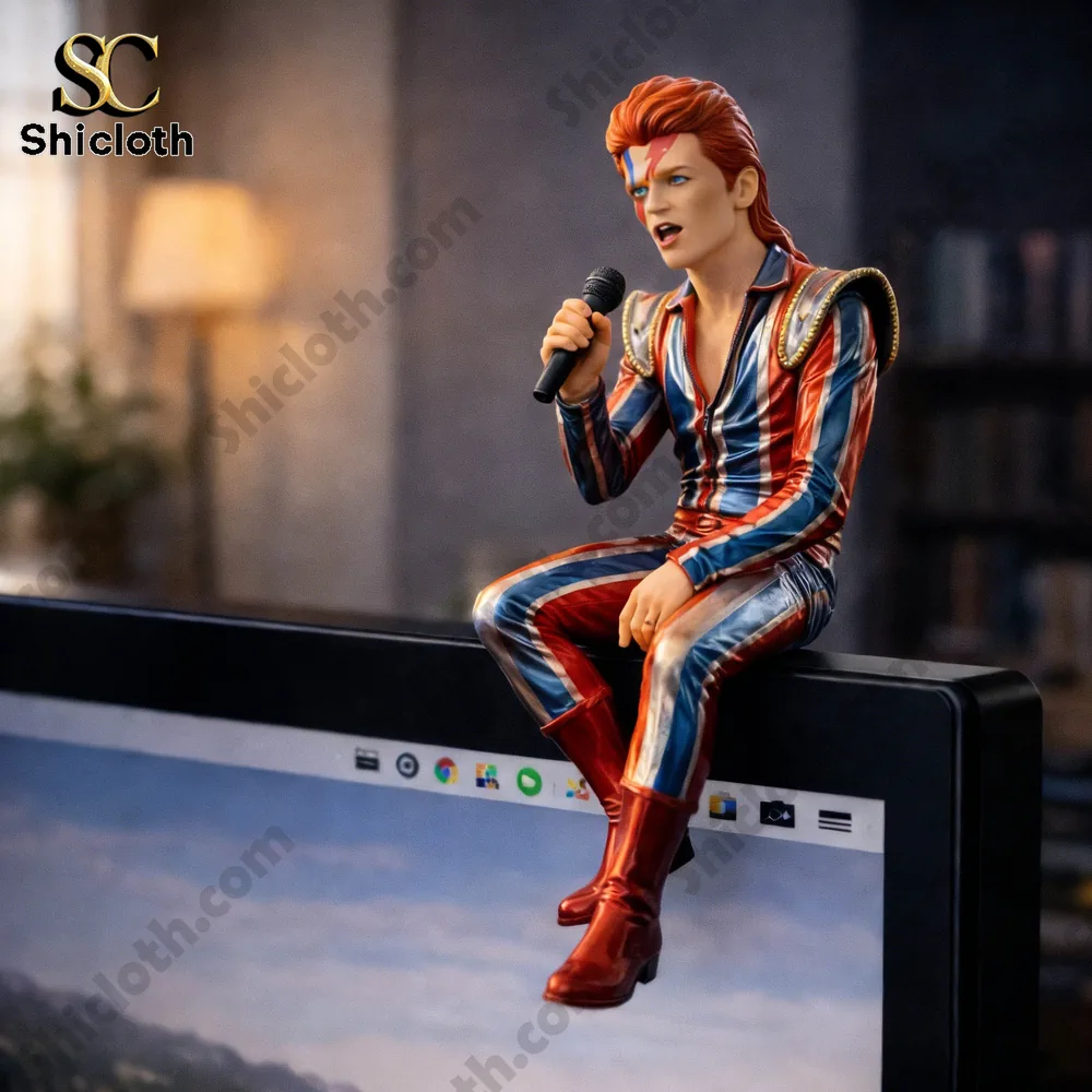 David Bowie inspired rock singer figurine on computer screen edge!