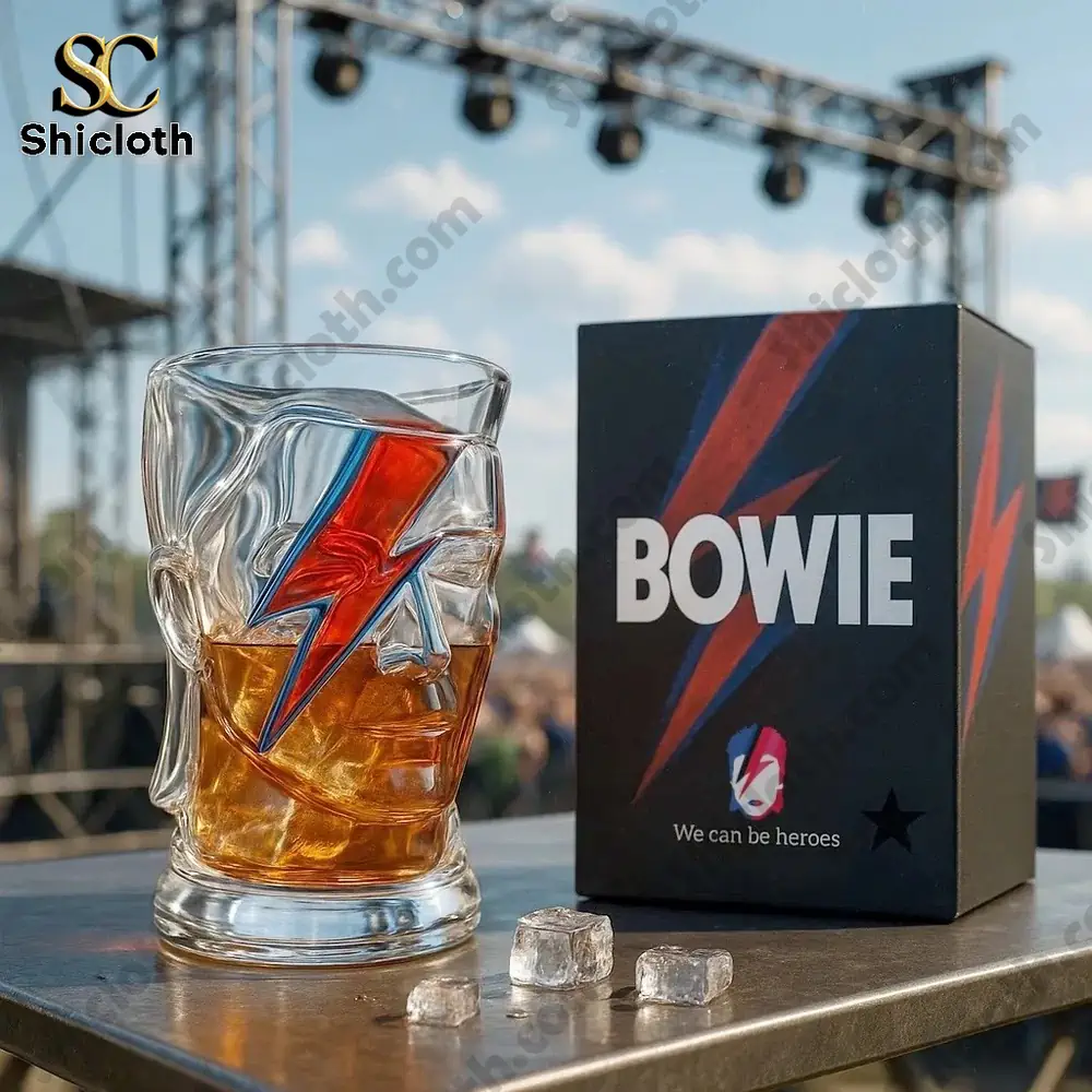 Glass head shaped drinkware with Bowie lightning design and amber drink on outdoor stage!