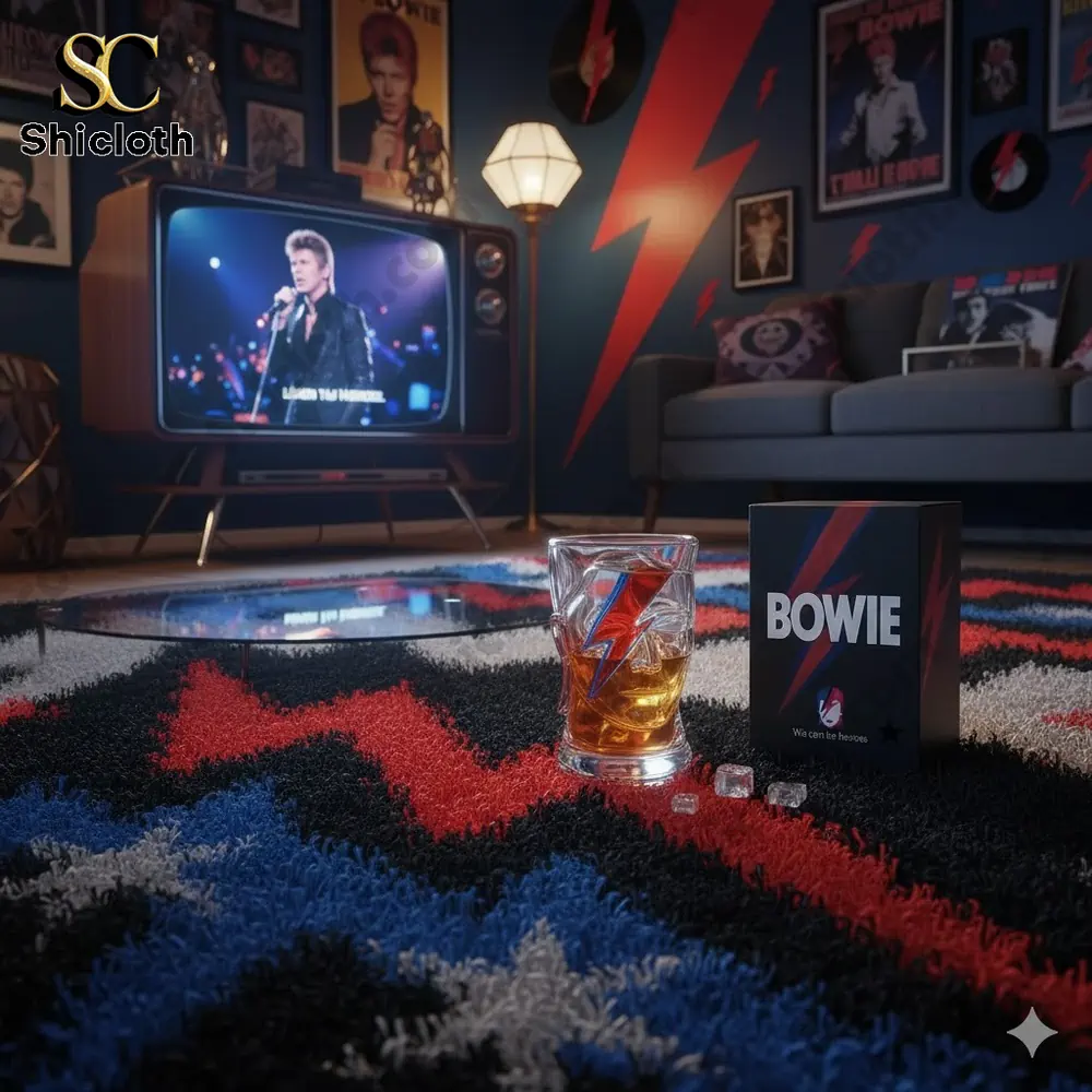 Bowie themed glass with lightning design in music inspired living room!