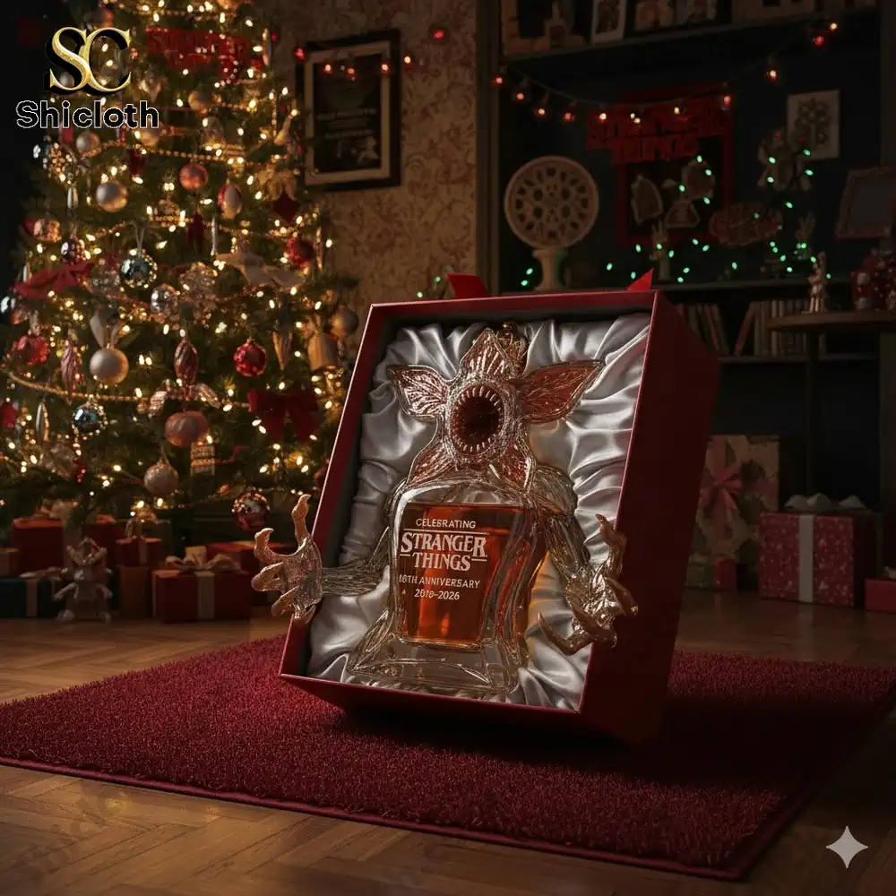 Glass bottle shaped like a Demogorgon displayed in a holiday gift box near a Christmas tree.