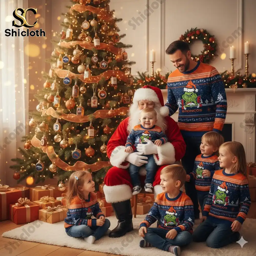 Denver Broncos The Grinch wearing a Santa Claus hat Ugly Christmas Sweaters