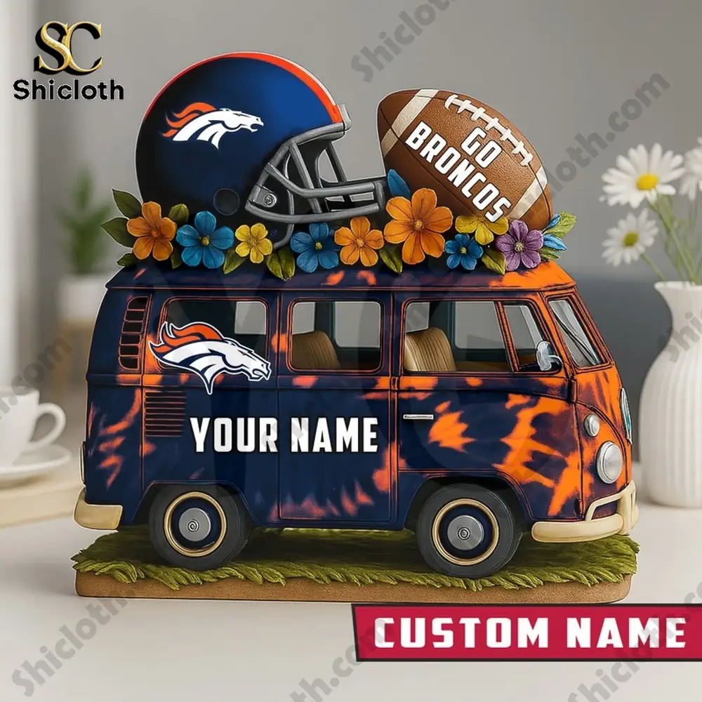 Denver Broncos themed van decor with helmet football and custom name