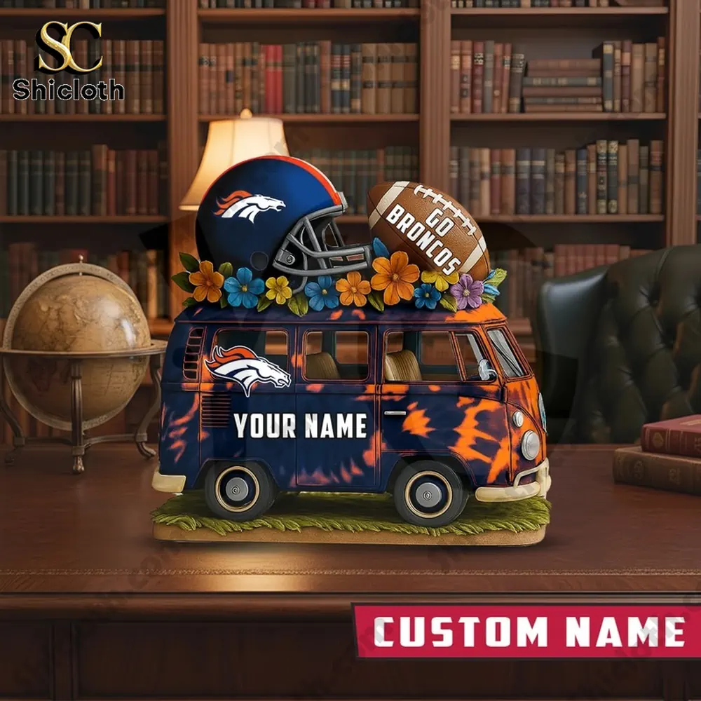 Denver Broncos van decor with custom name in classic study room