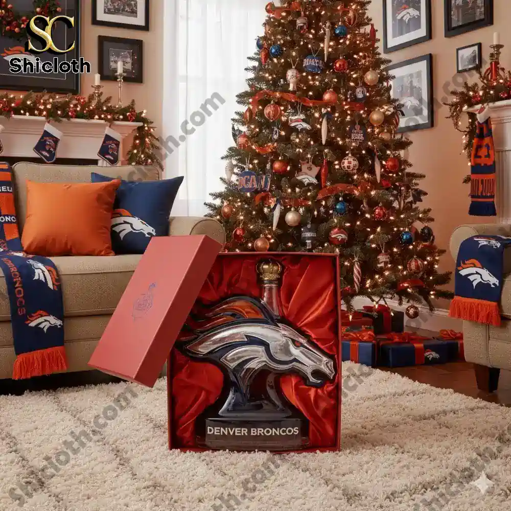 Denver Broncos horse head bottle displayed in a holiday living room.
