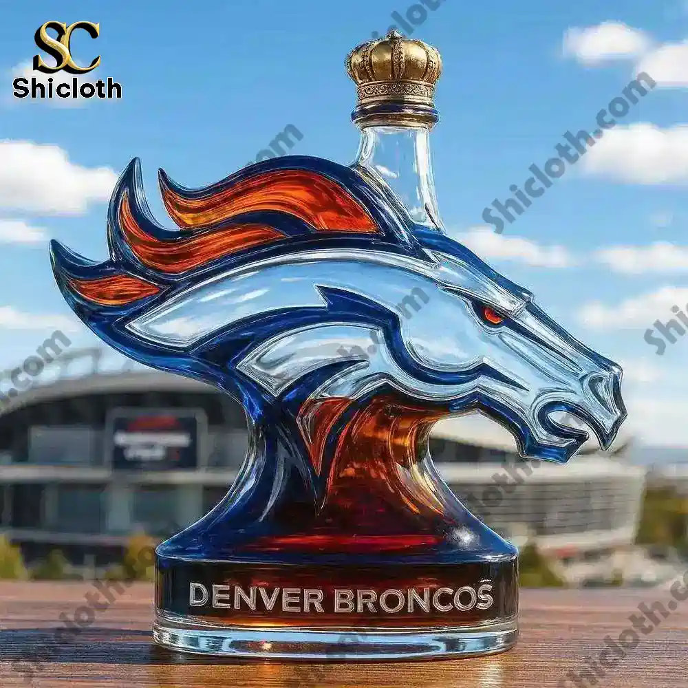 Denver Broncos horse head shaped bottle shown outdoors.