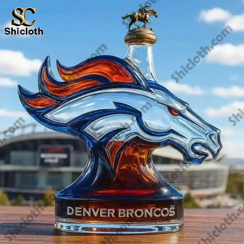 Denver Broncos Limited Edition Christmas Gift Christmas Gift Whiskey Bottle 3 Denver Broncos bottle with crown top displayed outdoors.
