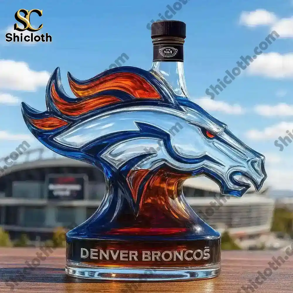 Denver Broncos Limited Edition Christmas Gift Christmas Gift Whiskey Bottle 4 Denver Broncos bottle with dark cap on outdoor table.