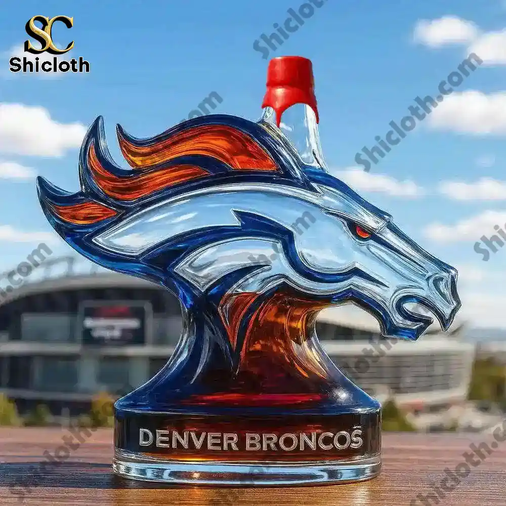 Denver Broncos Limited Edition Christmas Gift Christmas Gift Whiskey Bottle 5 Denver Broncos bottle with red sealed cap displayed outside.