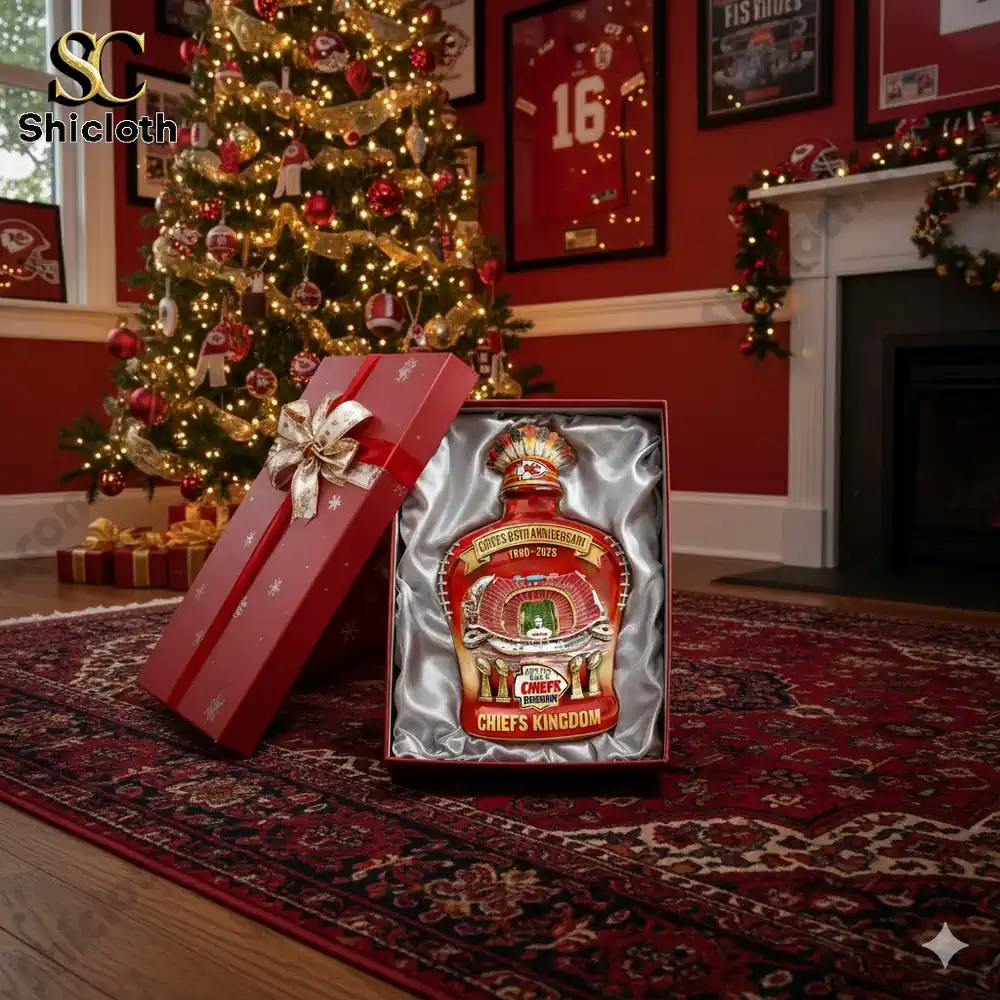 Kansas City Chiefs 65th Anniversary Chiefs Kingdom Whiskey Bottle 3 Chiefs Kingdom anniversary decorative jar presented in a gift box near a holiday tree!