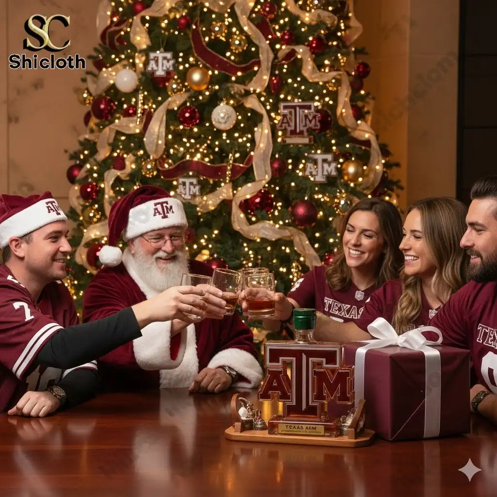 Group of people celebrating Christmas with Texas A&M commemorative bottles in front of a decorated Christmas tree.