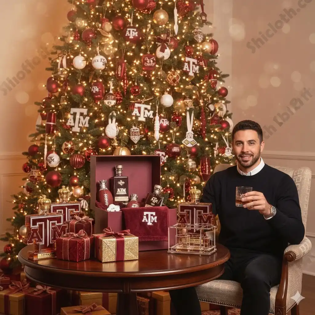 Man sitting with a glass in hand and Texas A&M commemorative bottles placed around a decorated Christmas tree.