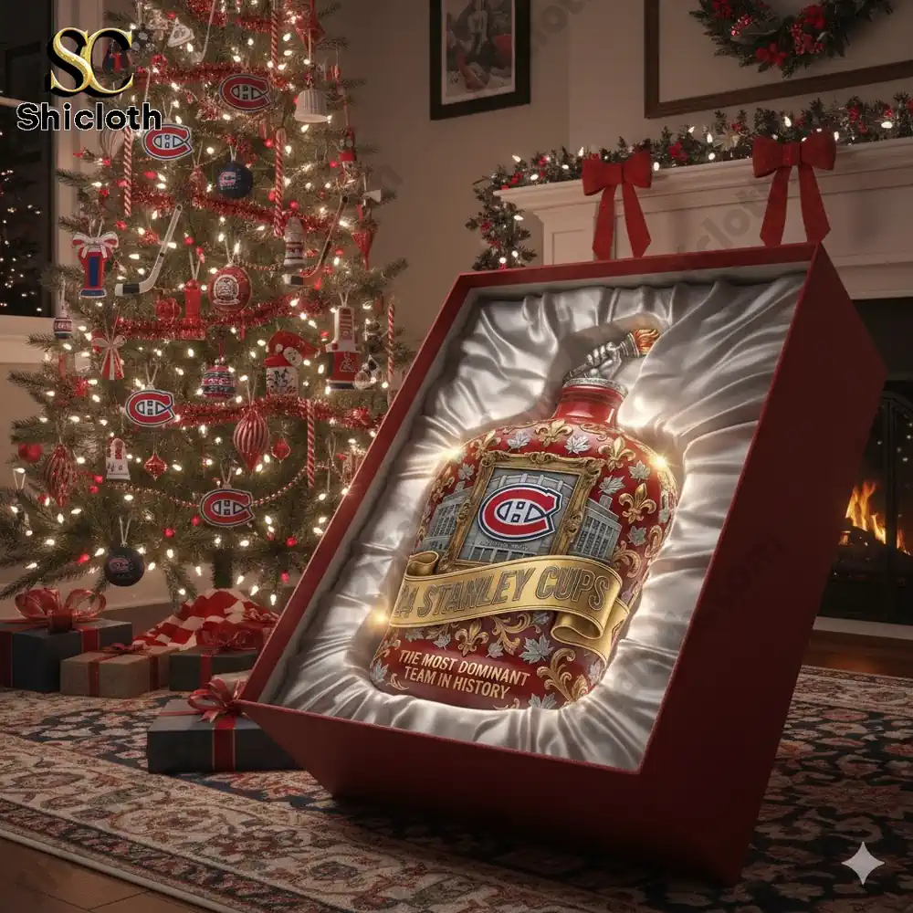 Montreal 24 Stanley Cups Collector Whiskey Bottle 3 Montreal Canadiens themed decorative bottle presented as a Christmas gift near a festive tree!