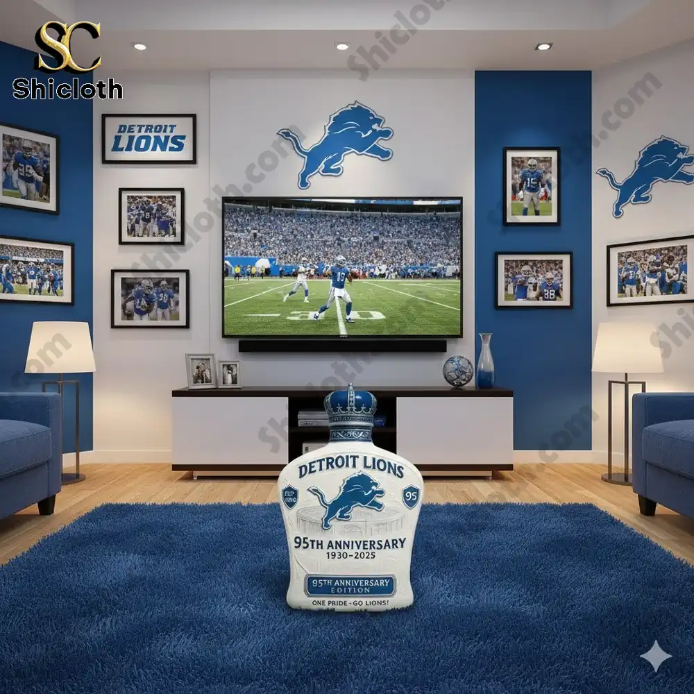 A Detroit Lions ninety fifth anniversary collectible displayed in a themed fan room