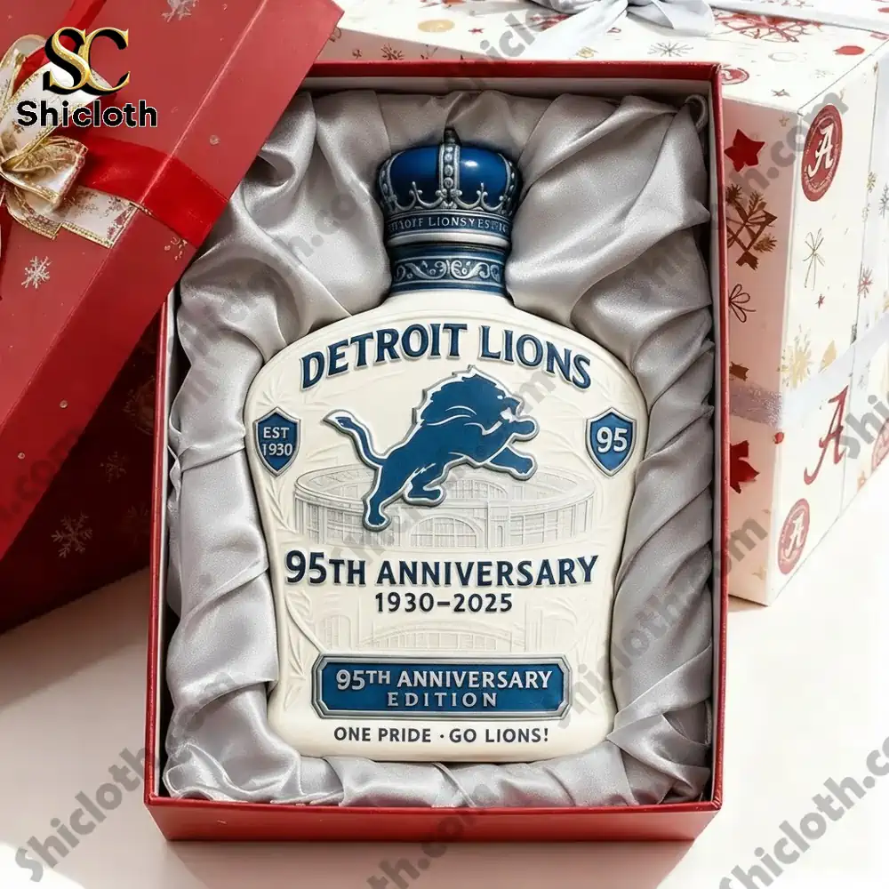 A Detroit Lions ninety fifth anniversary collectible resting in a gift box