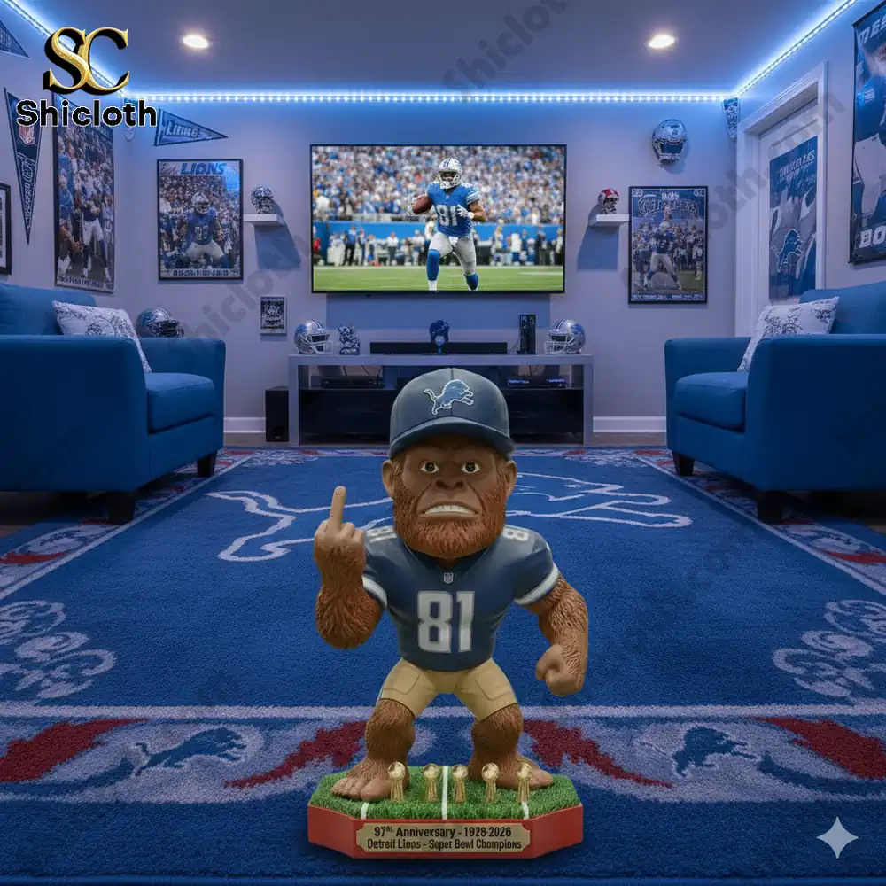 Detroit Lions themed mascot figure standing in a football fan display room!