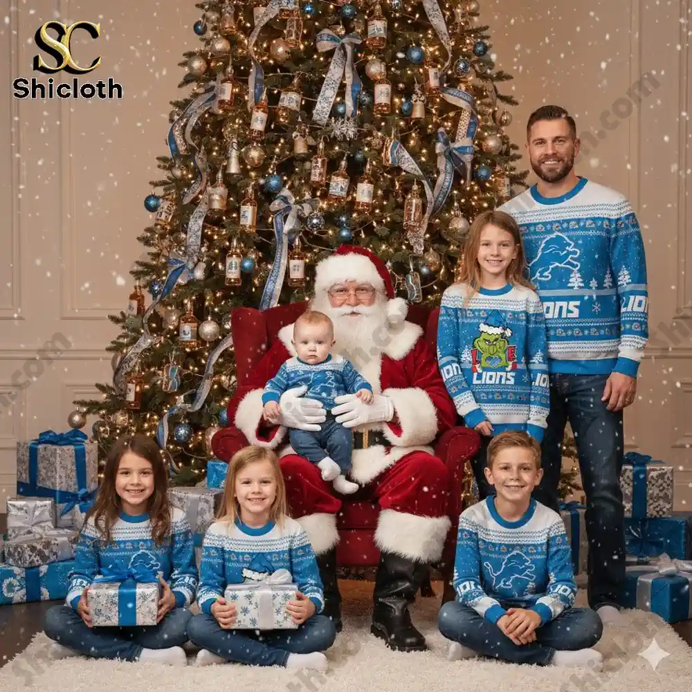Detroit Lions The Grinch wearing a Santa Claus hat Ugly Christmas Sweaters