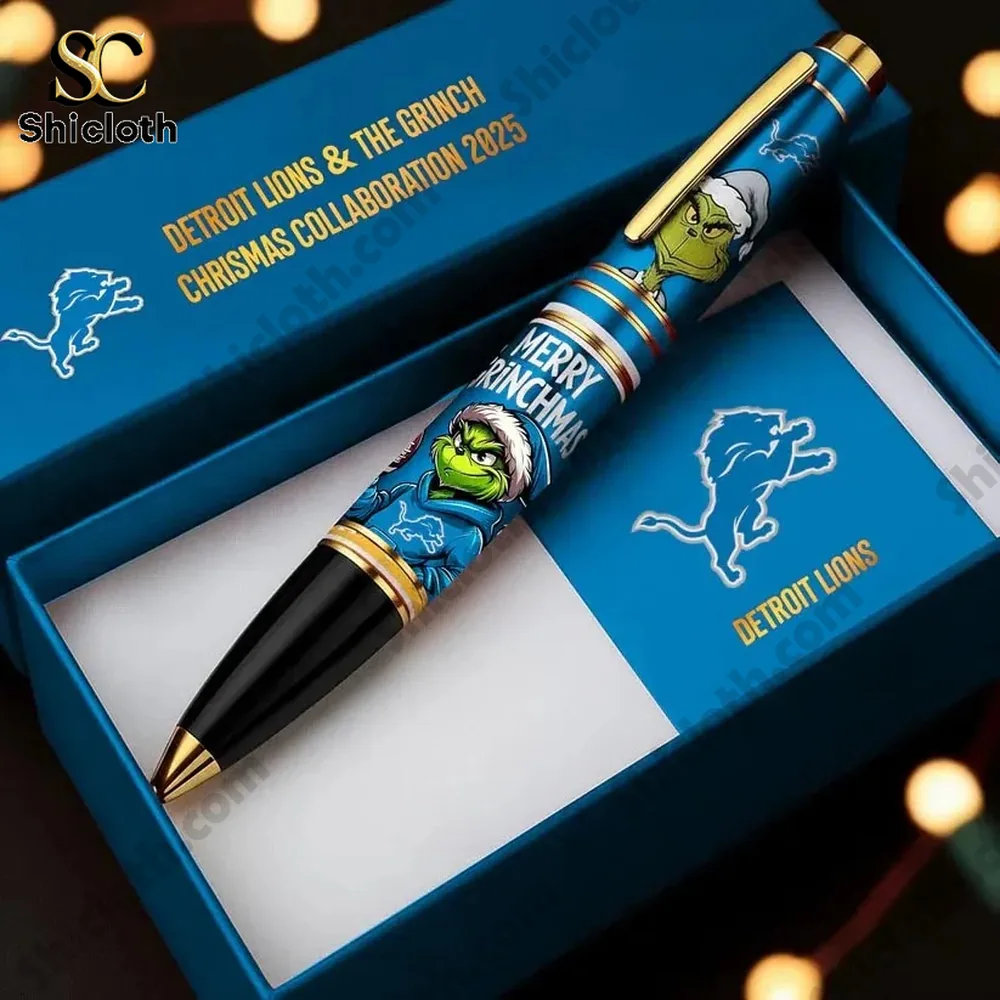 A pen with Grinch art and Detroit Lions branding in a gift box!