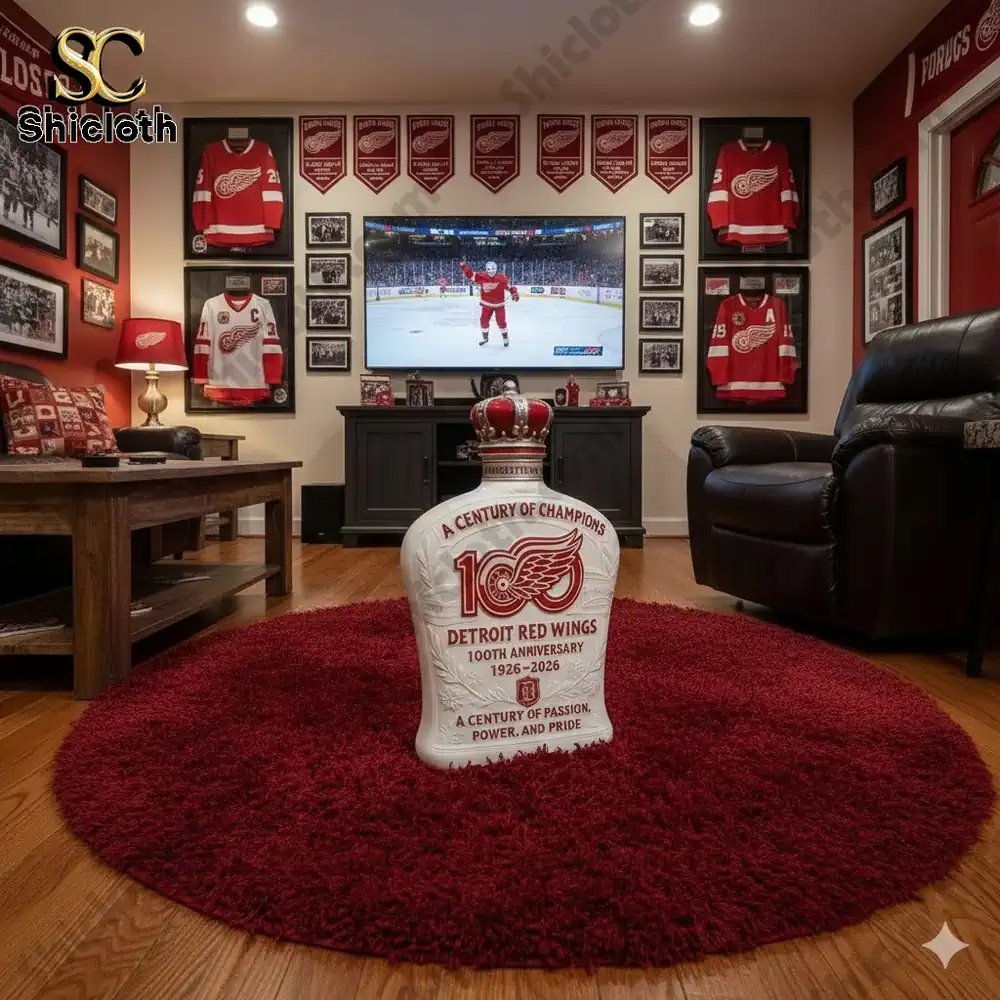 A Detroit Red Wings themed room with a commemorative anniversary bottle placed on a red rug!
