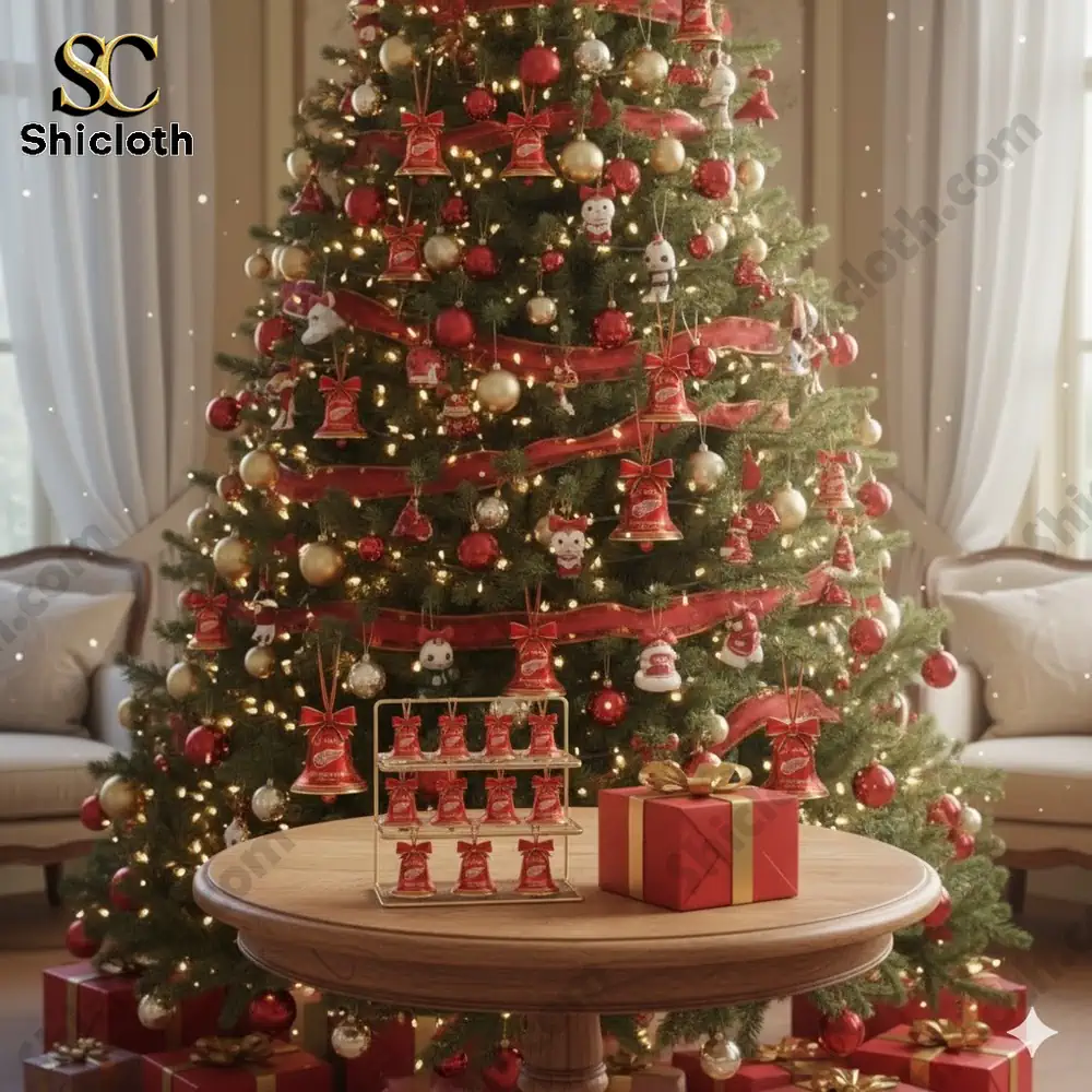 A large Christmas tree decorated with red and gold ornaments and red bells with gifts below.
