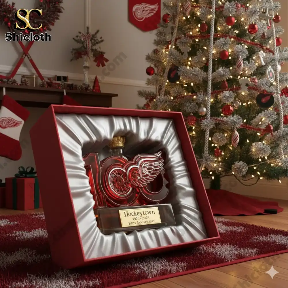 Gift box with Detroit Red Wings centennial bottle displayed in a Christmas decorated room!