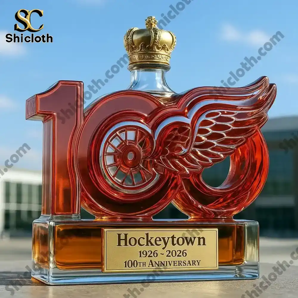 Detroit Red Wings 100th Anniversary Limited Edition Christmas Christmas Gift Whiskey Bottle 5 Detroit Red Wings centennial bottle with a crown shaped cap outdoors!