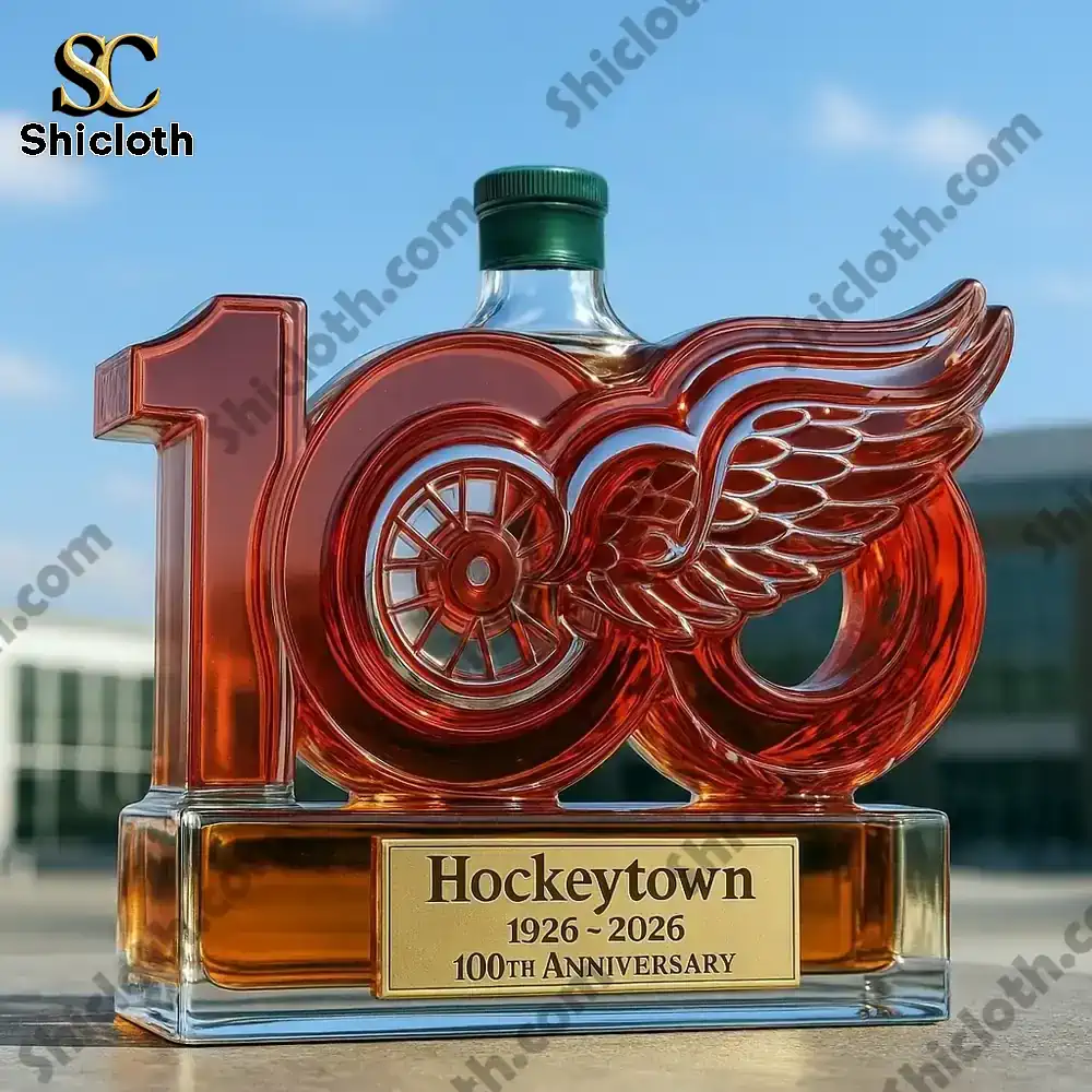 Detroit Red Wings 100th Anniversary Limited Edition Christmas Christmas Gift Whiskey Bottle 6 Detroit Red Wings centennial bottle with green cap in bright outdoor light!