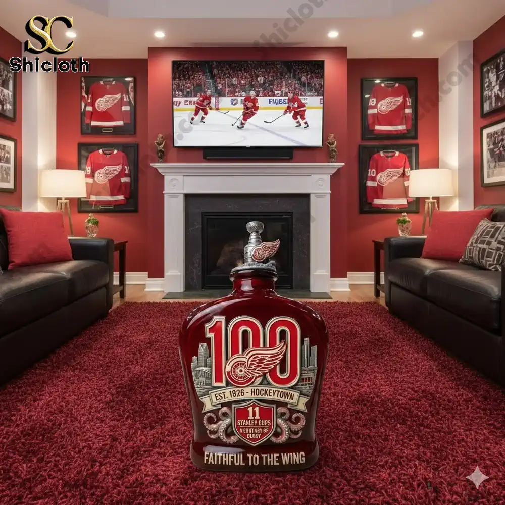 Red Wings 100th Anniversary commemorative bottle in a living room decorated with framed jerseys and a hockey game on TV.