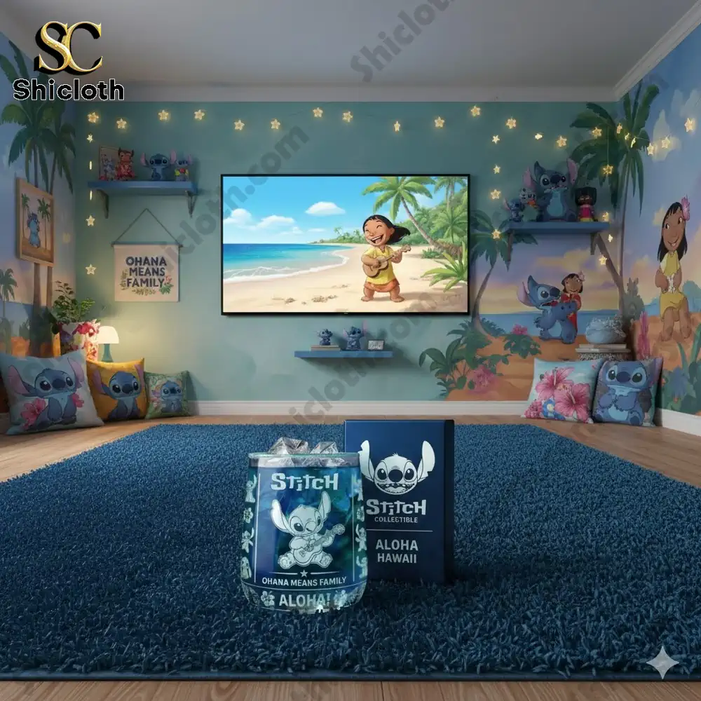 A themed room with Stitch characters on walls and cushions and a beach scene on a screen!