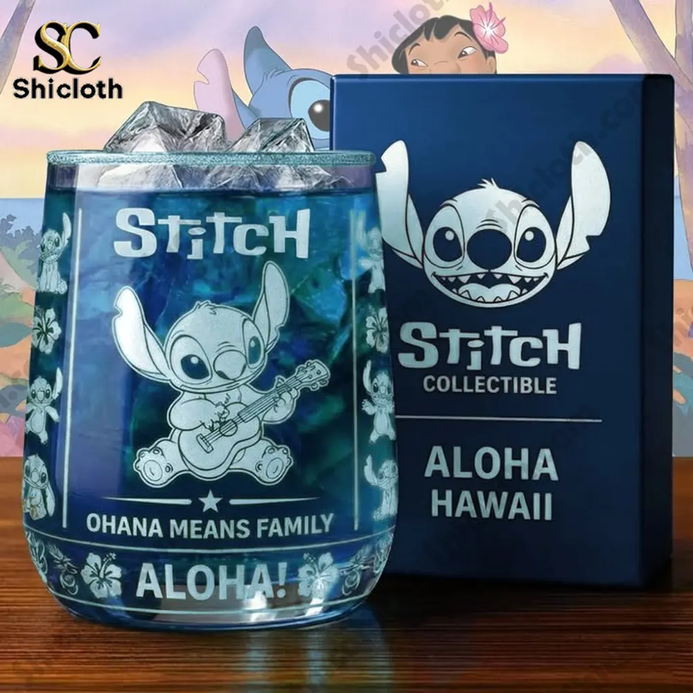 A close view of a Stitch collectible glass with a matching box!