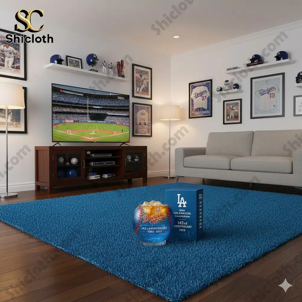 Dodgers themed living room with anniversary glass display!