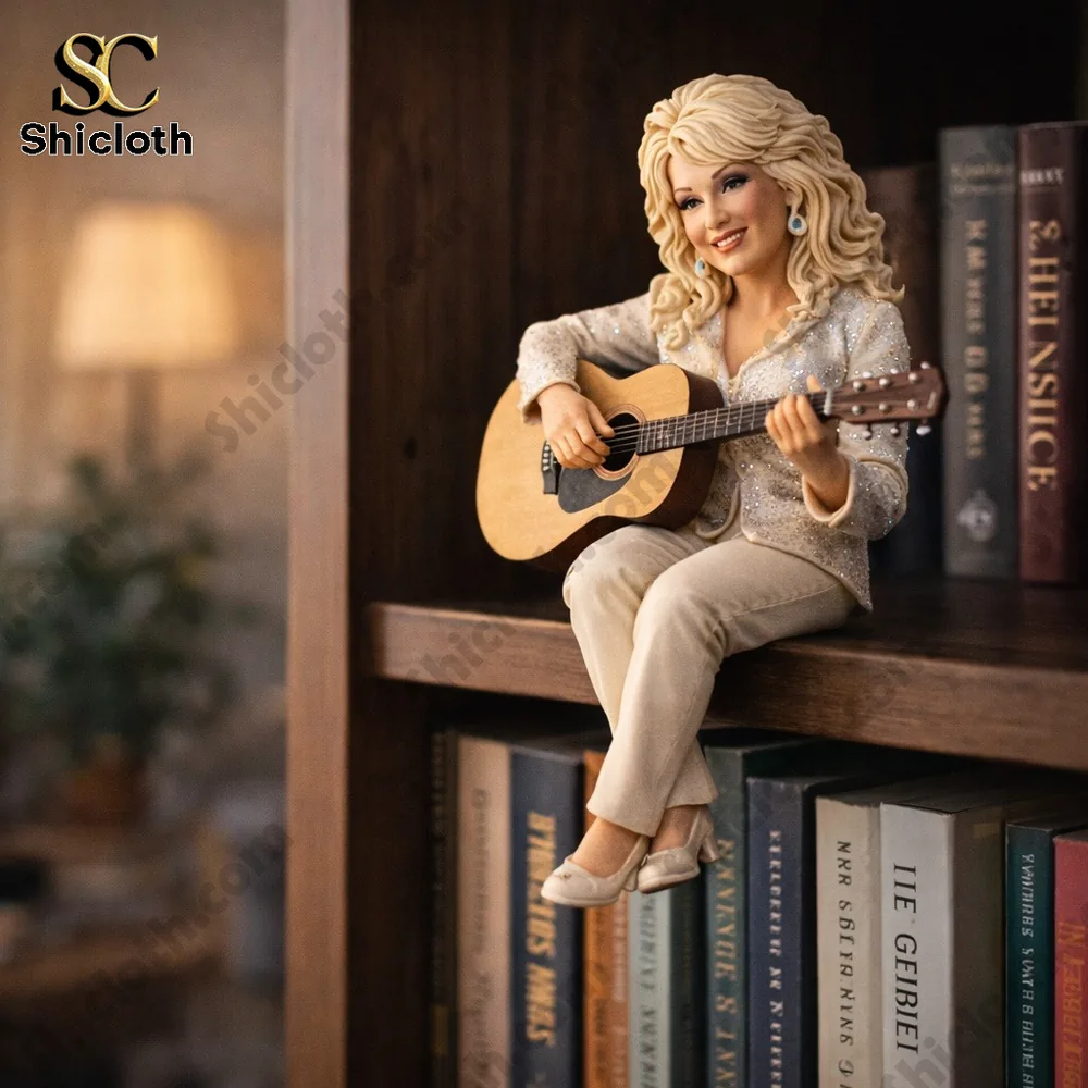 Dolly Parton inspired singer figurine playing guitar on bookshelf!