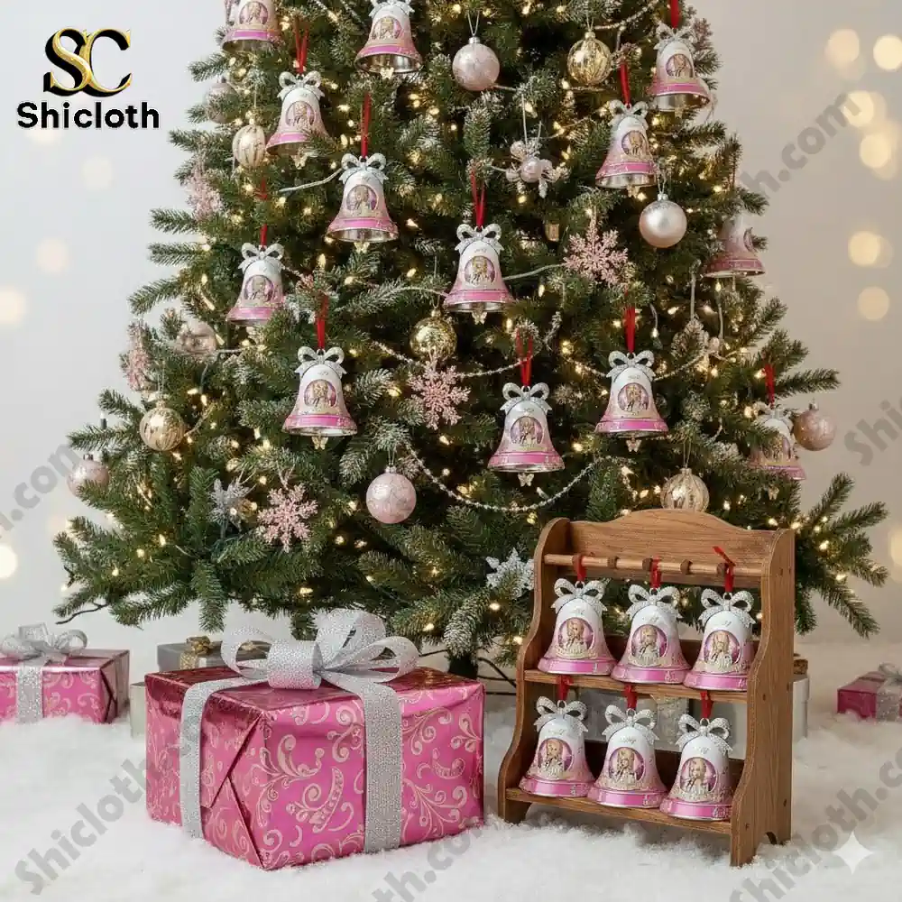 Christmas tree decorated with pink themed bells and gifts beneath!