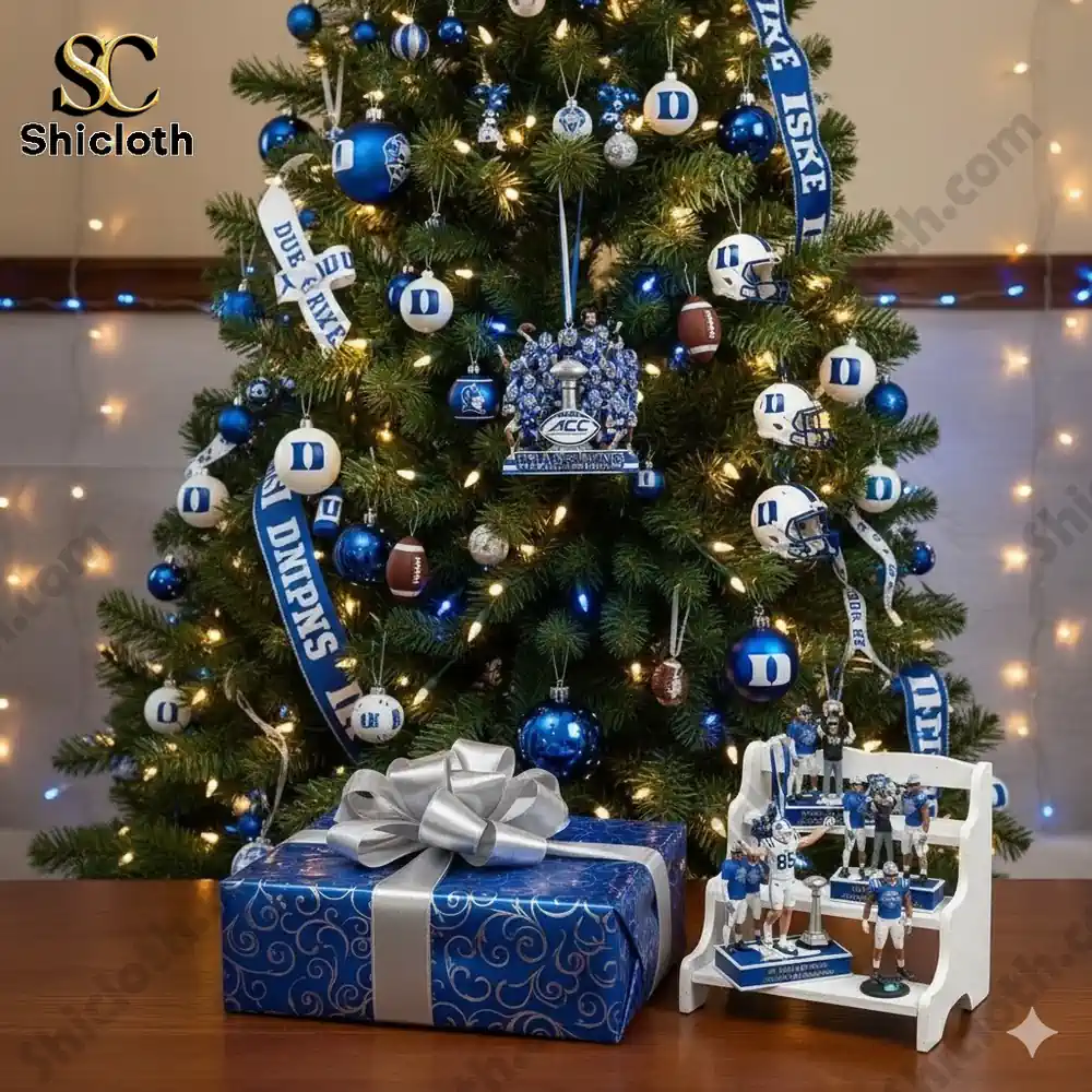 Christmas tree decorated with Duke themed ornaments and a gift box!