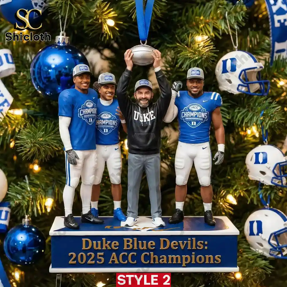 Duke Blue Devils Football Champions Ornament 5 Duke ornament with coach and players holding an ACC championship trophy!