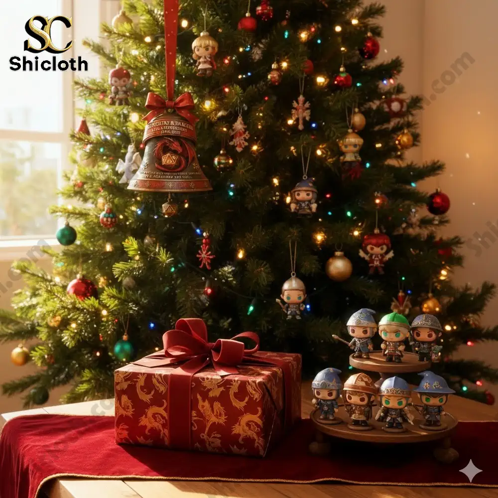 A Christmas tree with themed ornaments and a wrapped gift displayed in a festive room!