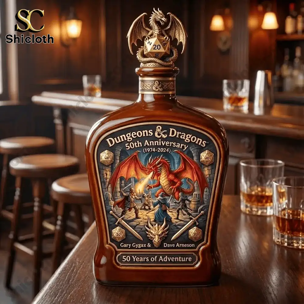 Dungeons and Dragons anniversary whiskey decanter on classic wooden bar!