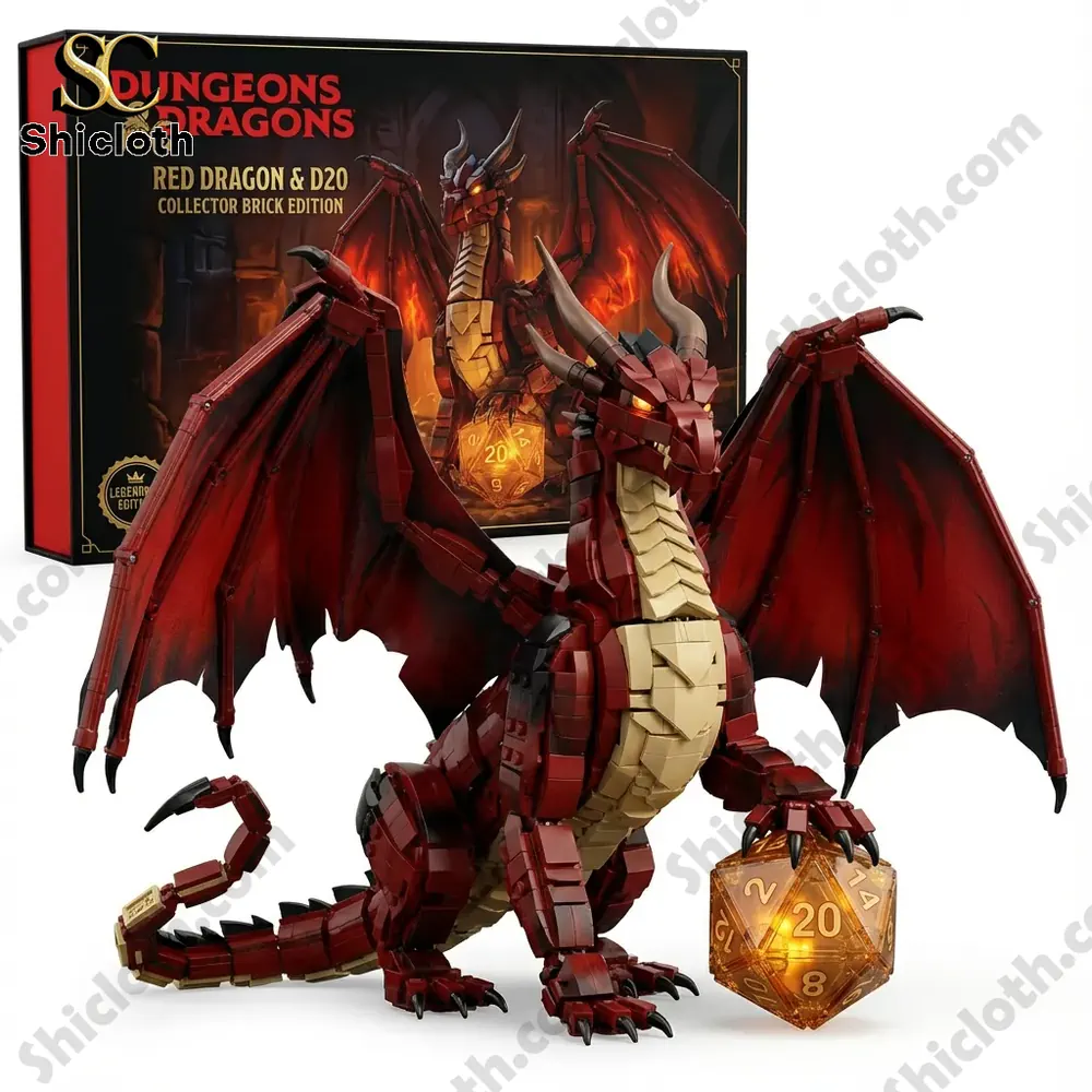 A brick built red dragon holding a large twenty sided dice in front of a branded Shicloth box!