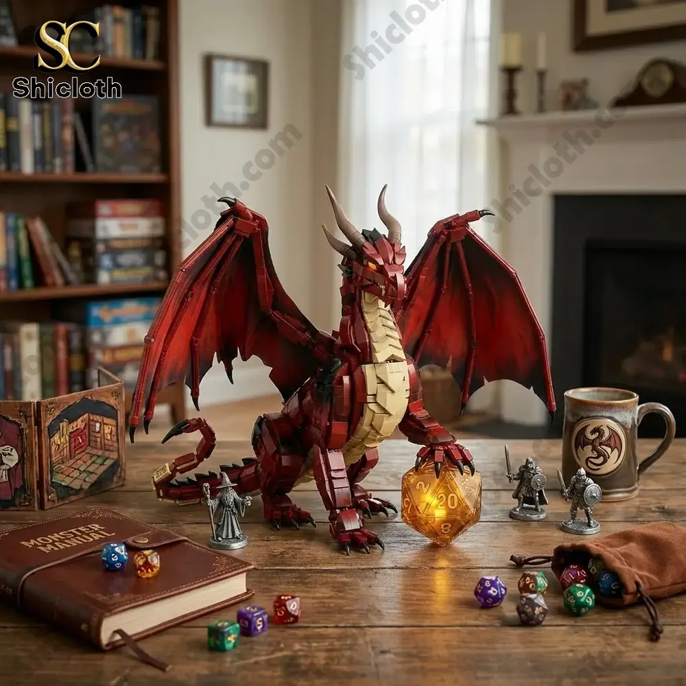A brick built red dragon with a large dice displayed on a table among tabletop gaming items!