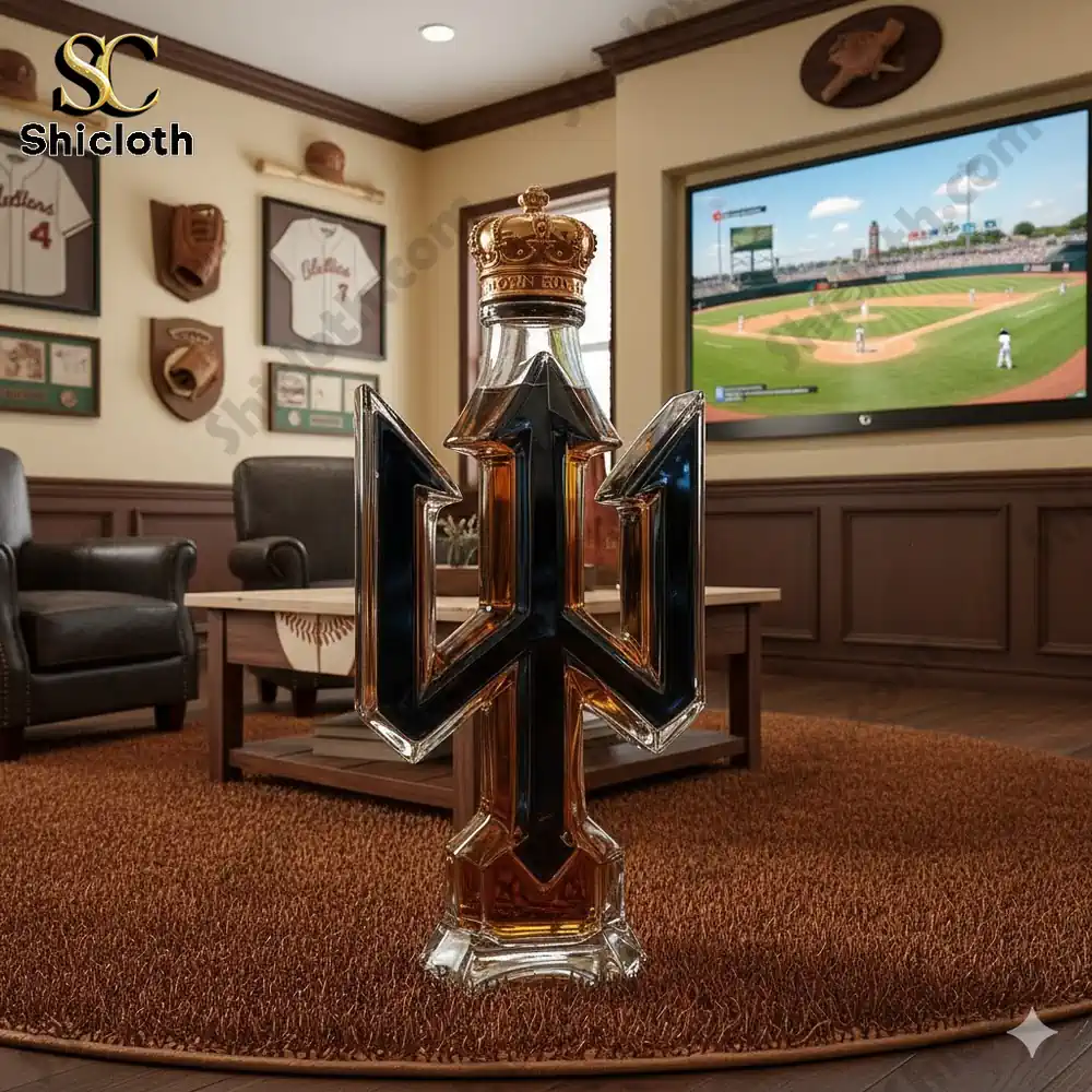 A trident shaped liquor bottle in a sports themed room with a baseball game on a television.